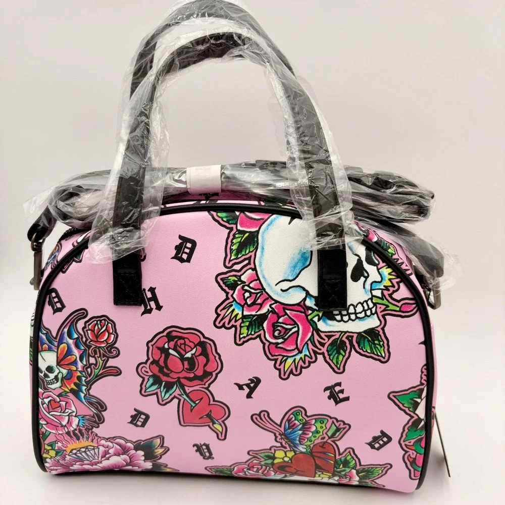 Ed Hardy‎ Pink Skull Roses Butterflies Lunch Tote Insulated Thermal Lining